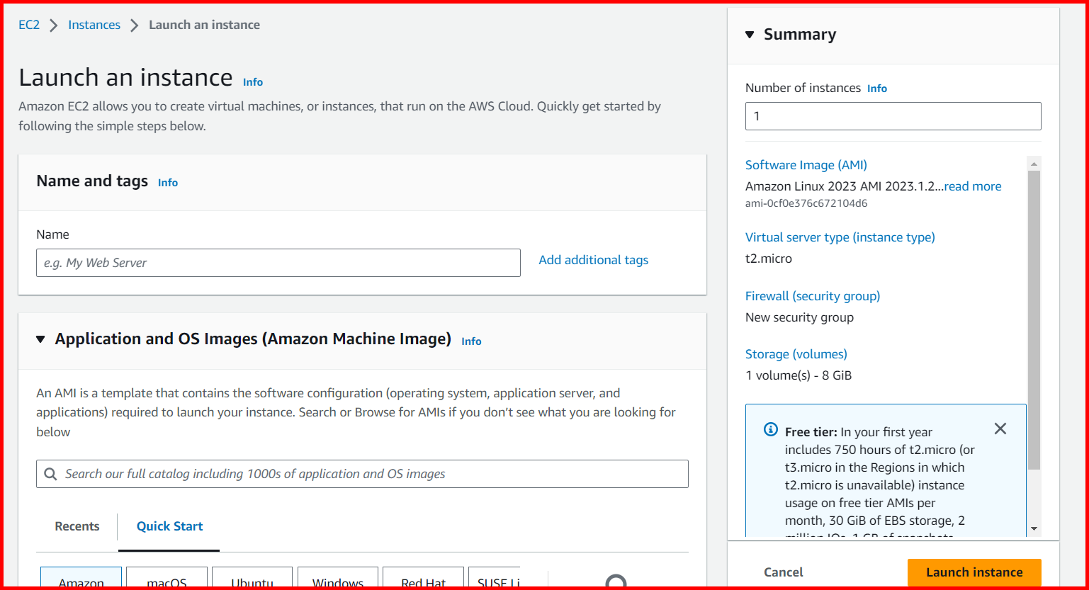 Picture showing the summary screen of the launch instance with default options selected